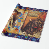 CHRISTMAS ANGELS, RED BLUE PARELTJES, FLORAL PARCH CADEAUPAPIER (Uitgerold)