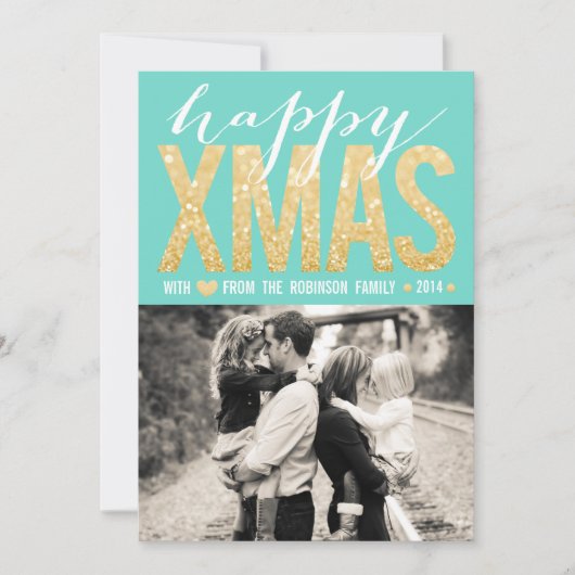 Christmas Aqua Gold Glitter Foto Platte Kaart (Voorkant)
