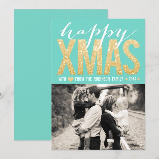 Christmas Aqua Gold Glitter Foto Platte Kaart (Voorkant / Achterkant)