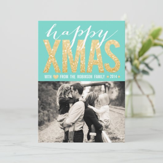 Christmas Aqua Gold Glitter Foto Platte Kaart (Staand voorkant)