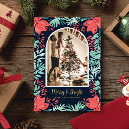 Christmas Arch Photo Botanical Red Floral Gold Folie Feestdagenkaart