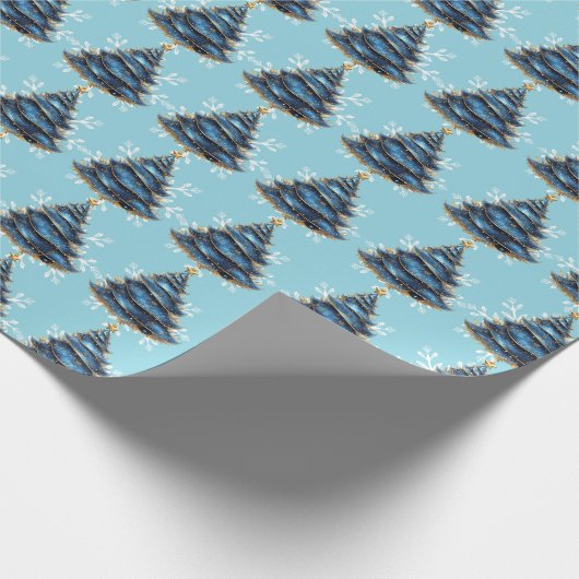 Christmas Artistic Blue Gold Tree Snowflakes Cadeaupapier (Hoek)