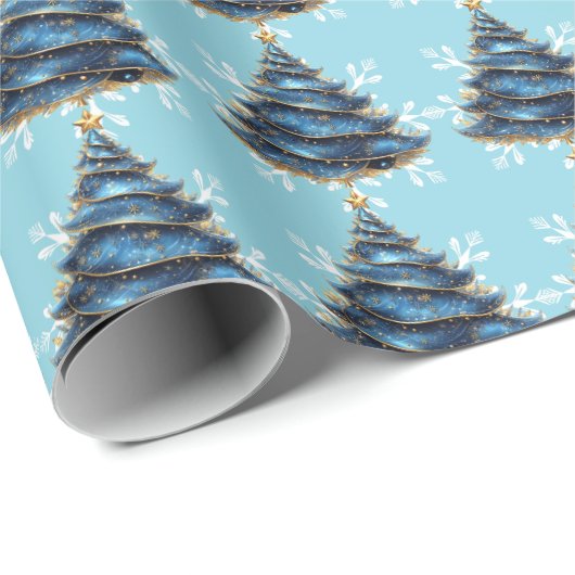 Christmas Artistic Blue Gold Tree Snowflakes Cadeaupapier (Rol Hoek)