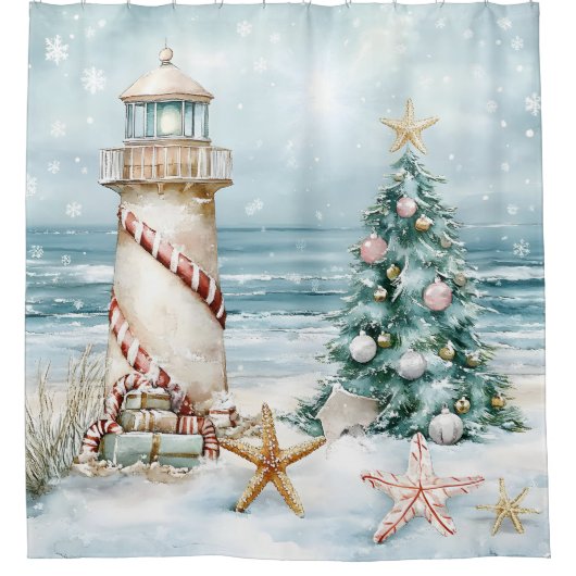 Christmas at the Beach - Lighthouse Christmas Tree Douchegordijn (Voorkant)