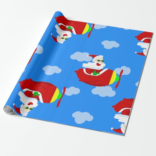 Christmas Aviator Vliegtuigpiloot Santa Clouds Cadeaupapier (Uitgerold)