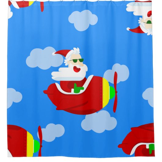 Christmas Aviator Vliegtuigpiloot Santa Clouds Douchegordijn (Voorkant)