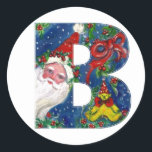 CHRISTMAS B BRIEF / SANTA CLAUS MET RODE RIBBON RONDE STICKER<br><div class="desc">B initiaal letter kerstmonogram ontwerp.Kleurrijk,  wit en artistiek acrylschilderij voor Kerstmis. Santa Claus,  sneeuwwinternacht met bloemige ornamenten,  kat,  rode boog,  groene decoratieve planten,  rode linten,  holbessen,  poppen en speelgoed in de sneeuw door Bulgan Lumini (c) com</div>