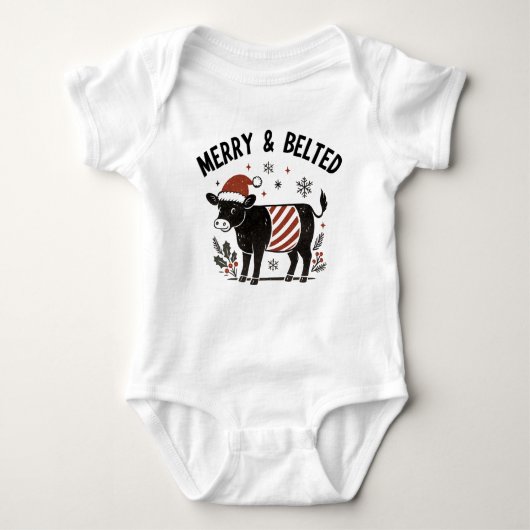 Christmas Baby Beltie Farmer Belted Galloway Cow Romper (Voorkant)