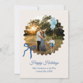 Christmas Baby Boy Announcement Blue Bow Feestdagenkaart (Voorkant)