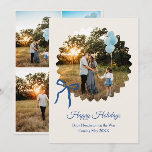 Christmas Baby Boy Announcement Blue Bow Feestdagenkaart (Voorkant / Achterkant)