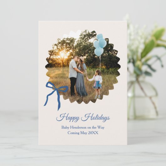 Christmas Baby Boy Announcement Blue Bow Feestdagenkaart (Staand voorkant)