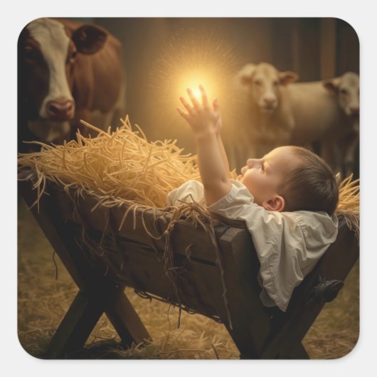 Christmas Baby Jesus In a Manger Vierkante Sticker (Voorkant)