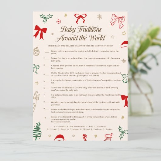 Christmas Baby Shower Baby Traditions Game Card Kaart (Staand voorkant)