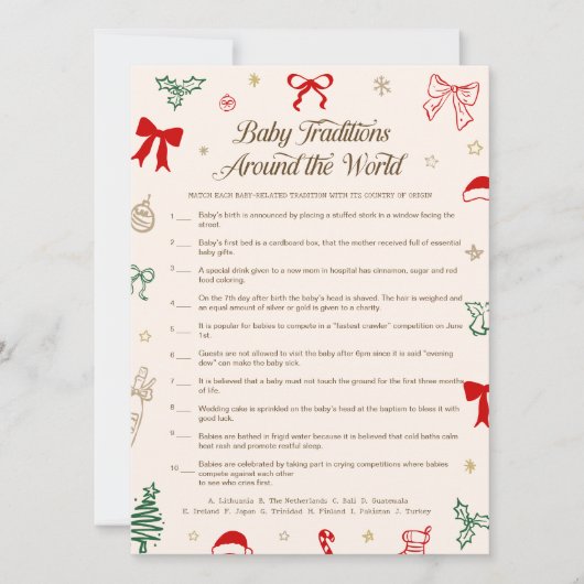 Christmas Baby Shower Baby Traditions Game Card Kaart (Voorkant)
