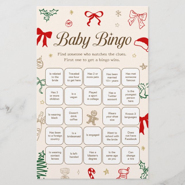Christmas Baby Shower Find the Guest Bingo Game (Voorkant)