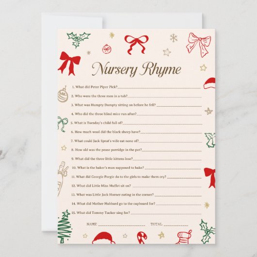 Christmas Baby Shower Nursery Rhyme Game Printable Kaart (Voorkant)