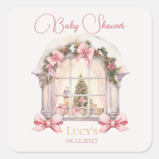 Christmas Baby Shower Pink Nutcracker Watercolor  Vierkante Sticker