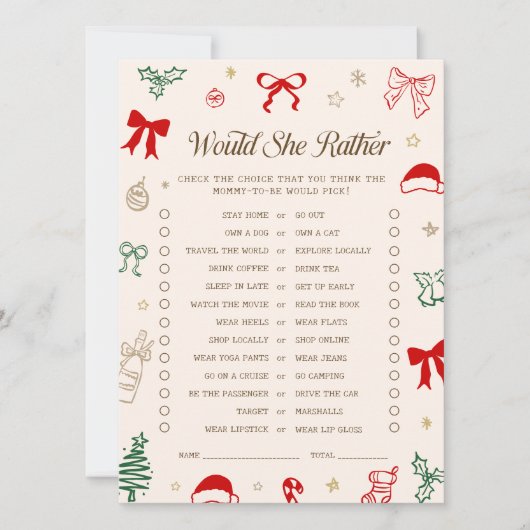 Christmas Baby Shower Would She Rather Game Card Kaart (Voorkant)