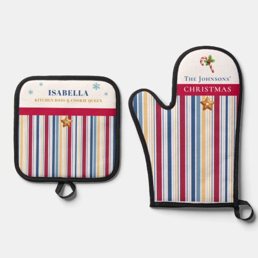 Christmas Baking – Blue, Red & Gold Stripes Ovenwant & Pannenlap Set (Voorkant)