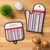 Christmas Baking – Blue, Red & Gold Stripes Ovenwant & Pannenlap Set (Top down)