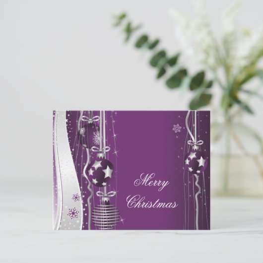 Christmas Balls And Ribbons Purple Silver Postcard Feestdagenkaart (Staand voorkant)