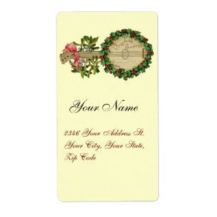 CHRISTMAS BANJO MET MISTLETOES EN HOLLY BERRIES ETIKET