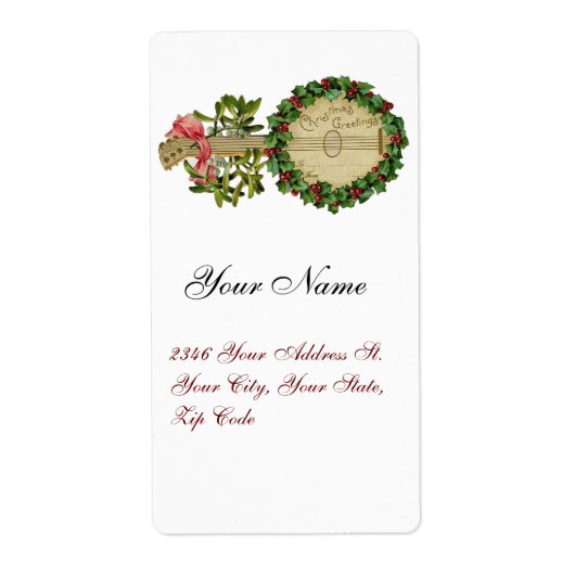 CHRISTMAS BANJO MET MISTLETOES EN HOLLY BERRIES ETIKET (Voorkant)