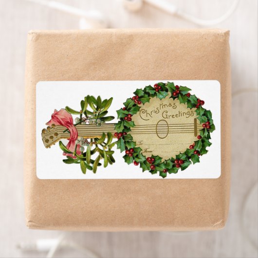 CHRISTMAS BANJO MET MISTLETOES EN HOLLY BERRIES ETIKET (Insitu)