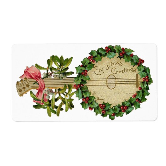 CHRISTMAS BANJO MET MISTLETOES EN HOLLY BERRIES ETIKET (Voorkant)