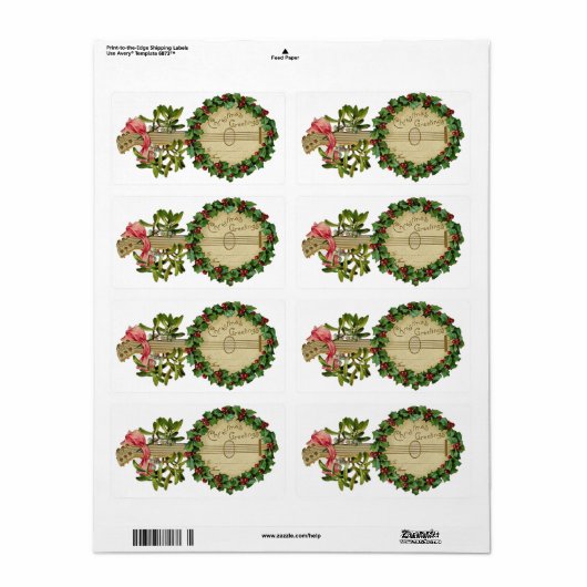 CHRISTMAS BANJO MET MISTLETOES EN HOLLY BERRIES ETIKET (Full Sheet)
