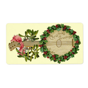 CHRISTMAS BANJO MET MISTLETOES EN HOLLY BERRIES ETIKET
