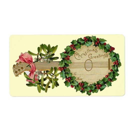 CHRISTMAS BANJO MET MISTLETOES EN HOLLY BERRIES ETIKET (Voorkant)