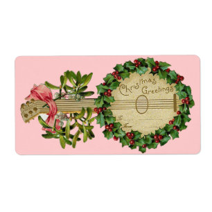 CHRISTMAS BANJO MET MISTLETOES EN HOLLY BERRIES ETIKET