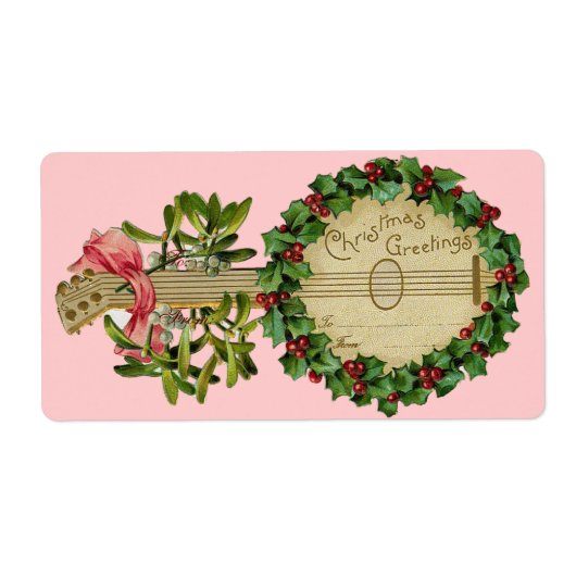 CHRISTMAS BANJO MET MISTLETOES EN HOLLY BERRIES ETIKET (Voorkant)