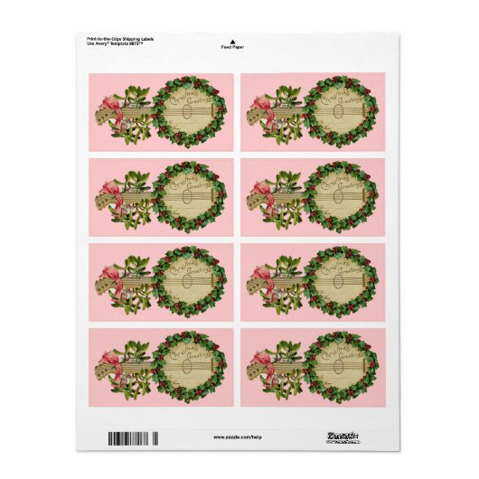 CHRISTMAS BANJO MET MISTLETOES EN HOLLY BERRIES ETIKET (Full Sheet)