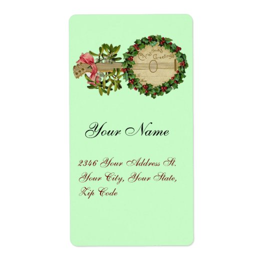 CHRISTMAS BANJO MET MISTLETOES EN HOLLY BERRIES ETIKET (Voorkant)