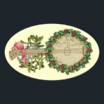 CHRISTMAS BANJO MET MISTLETOES EN HOLLY BERRIES OVALE STICKER<br><div class="desc">Elegant ornamental  muziekinstrument met bloemkroon.</div>