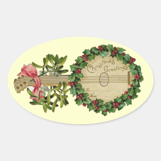 CHRISTMAS BANJO MET MISTLETOES EN HOLLY BERRIES OVALE STICKER (Voorkant)