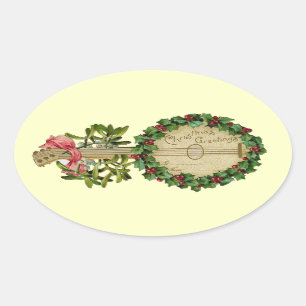 CHRISTMAS BANJO MET MISTLETOES EN HOLLY BERRIES OVALE STICKER