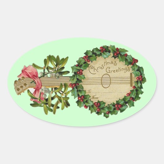 CHRISTMAS BANJO MET MISTLETOES EN HOLLY BERRIES OVALE STICKER (Voorkant)