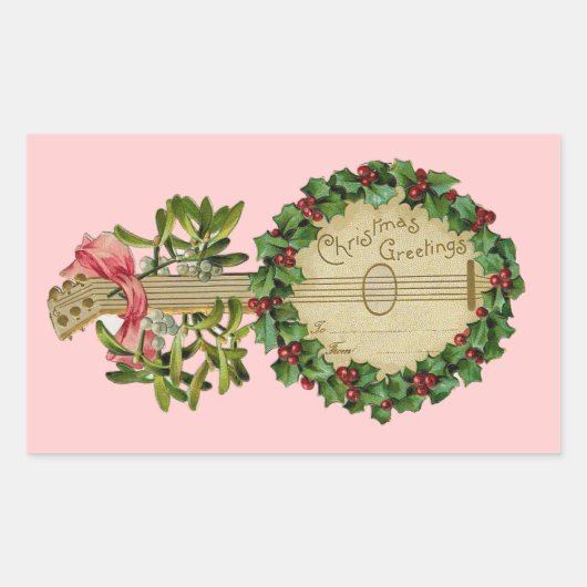 CHRISTMAS BANJO MET MISTLETOES EN HOLLY BERRIES RECHTHOEKIGE STICKER (Voorkant)