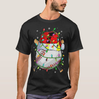 Christmas Baseball Player Santa Hat Lights Xmas T-shirt
