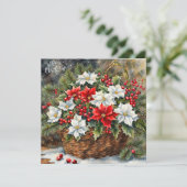 Christmas Basket with Poinsettia Flowers, Berries  Feestdagenkaart (Staand voorkant)