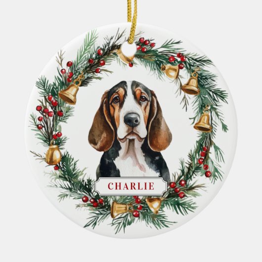 Christmas Basset Hound Ceramic Circle Ornament (Voorkant)