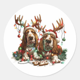 Christmas Basset Hound Dogs Ronde Sticker