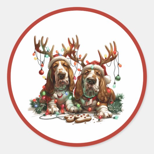Christmas Basset Hound Dogs Ronde Sticker (Voorkant)