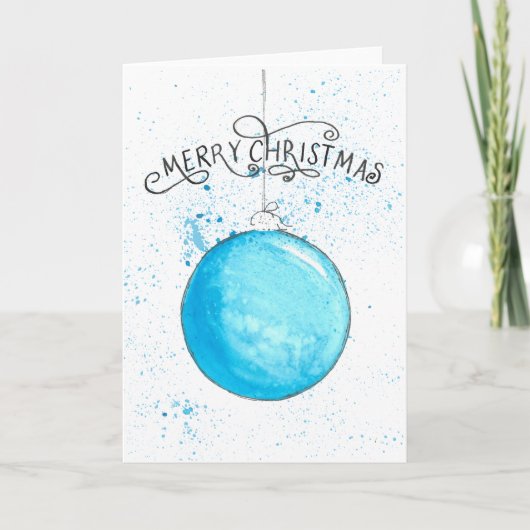 Christmas Bauble - Blue Splash Waterverf Feestdagen Kaart (Voorkant)