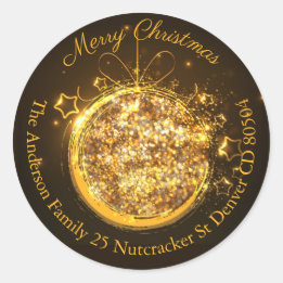 Christmas bauble gouden glitter adres ronde sticker
