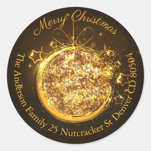Christmas bauble gouden glitter adres ronde sticker (Voorkant)