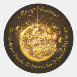 Christmas bauble gouden glitter adres ronde sticker